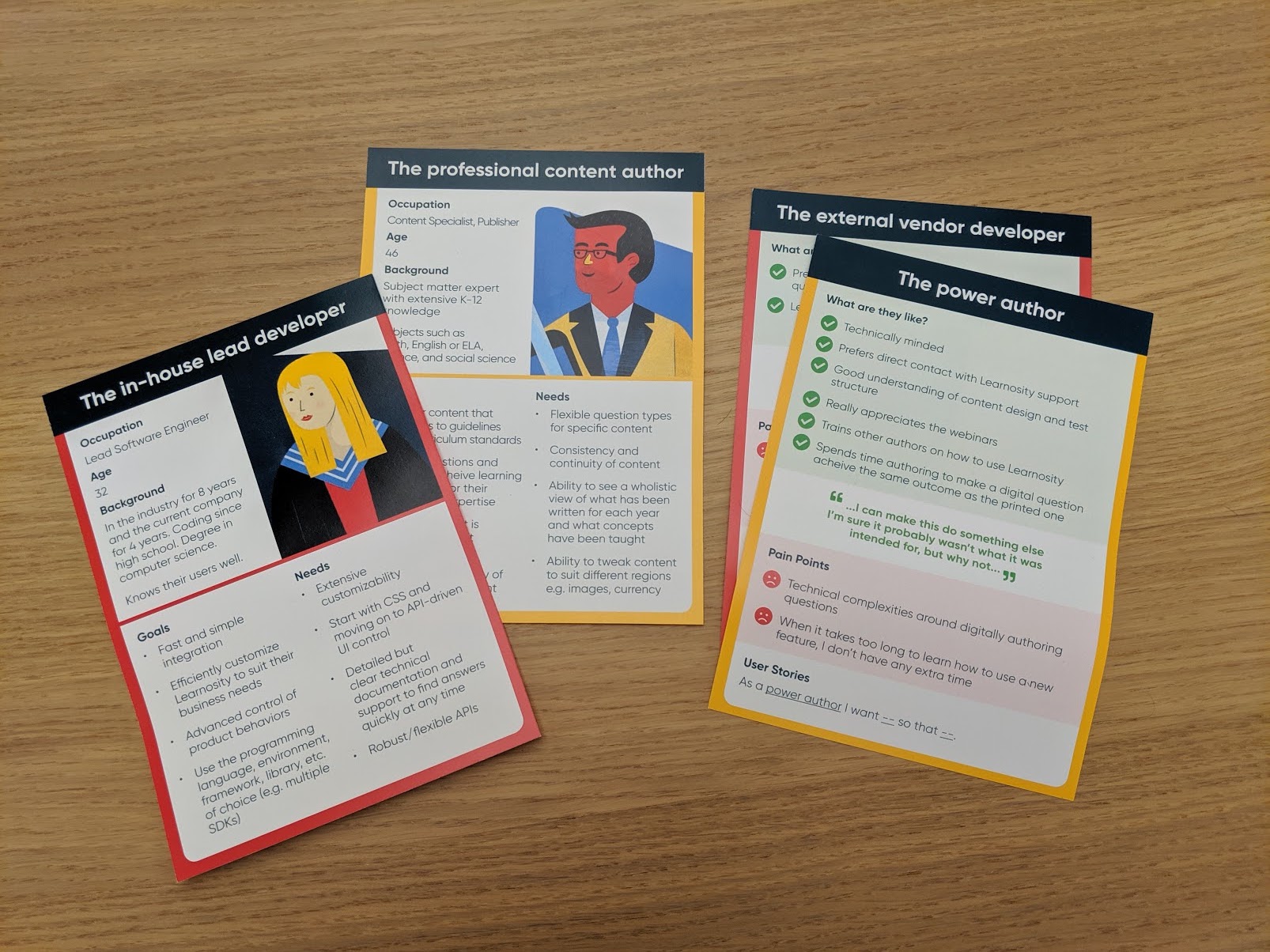 Test printouts of two draft persona cards on a desk.