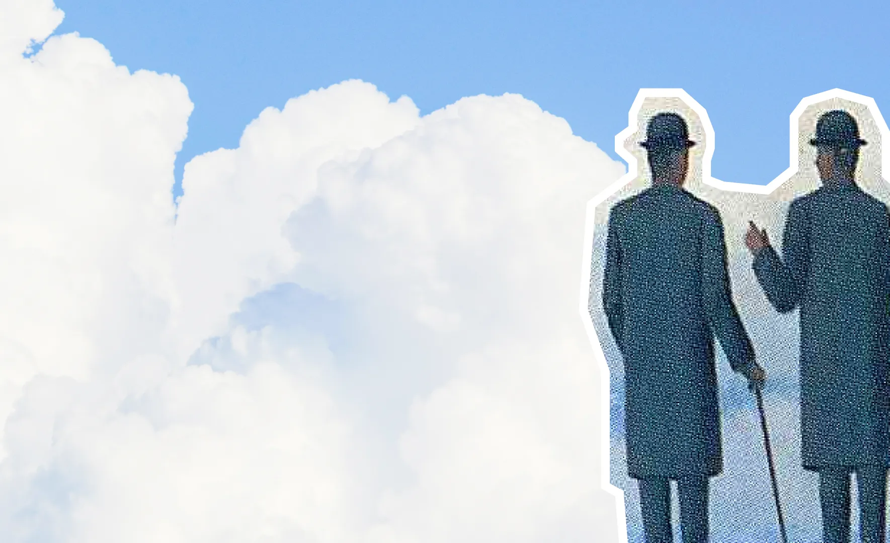 Surreal collage of two figures in bowler hats against a soft blue sky