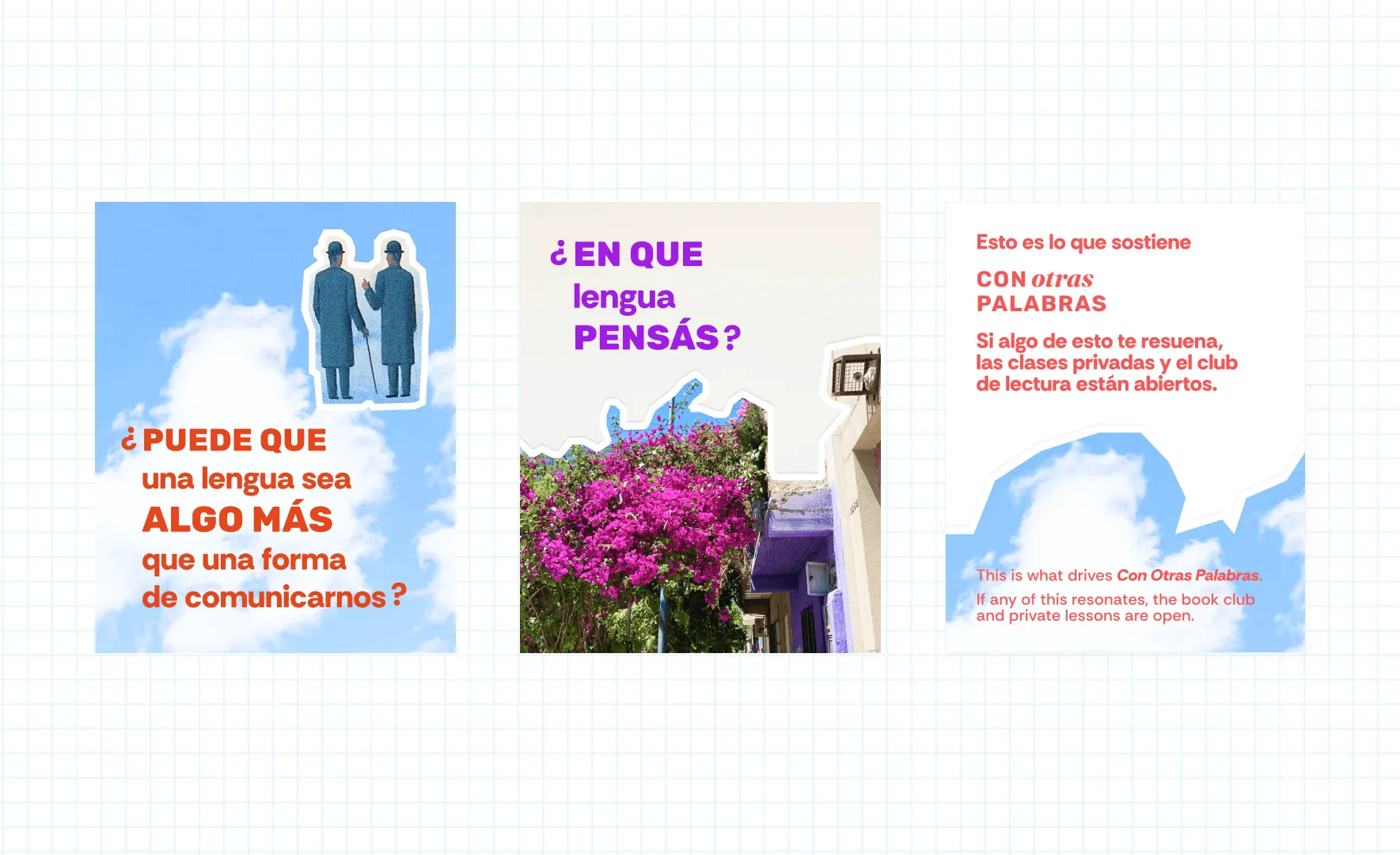 Three Instagram post templates using the bold bilingual type system over sky, floral, and plain backgrounds