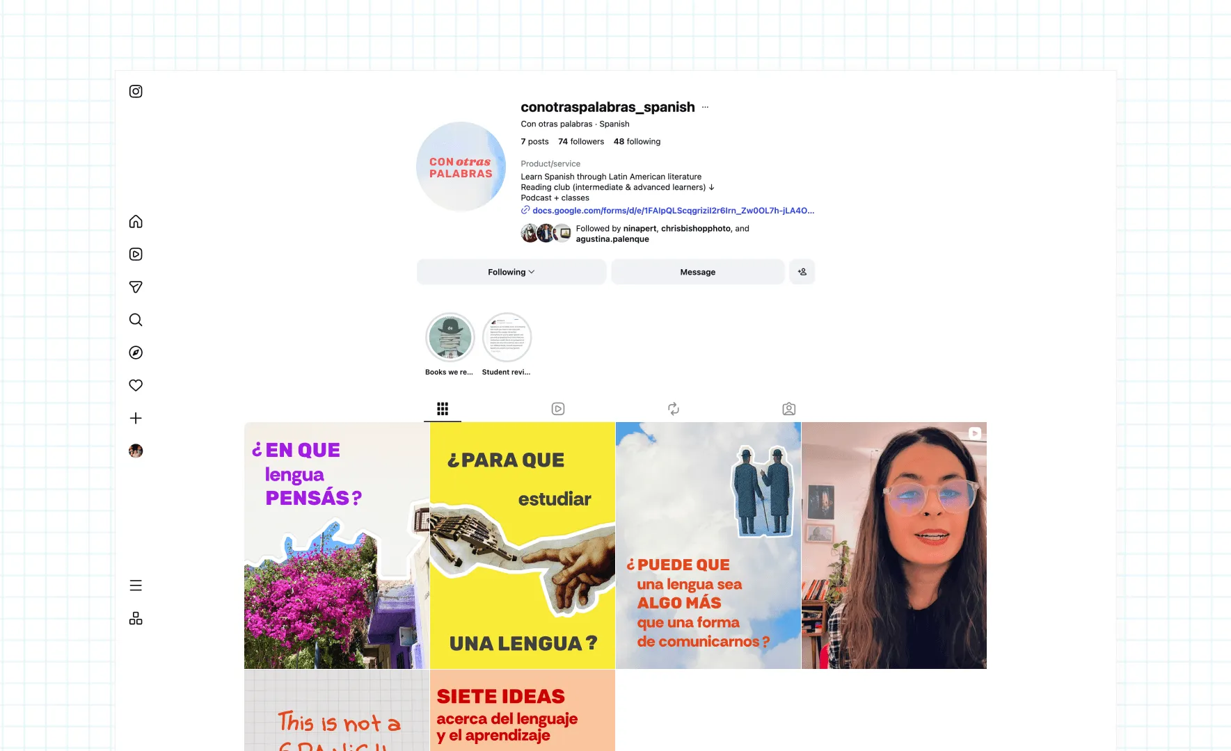 The Con Otras Palabras Instagram profile grid showing the templates in use