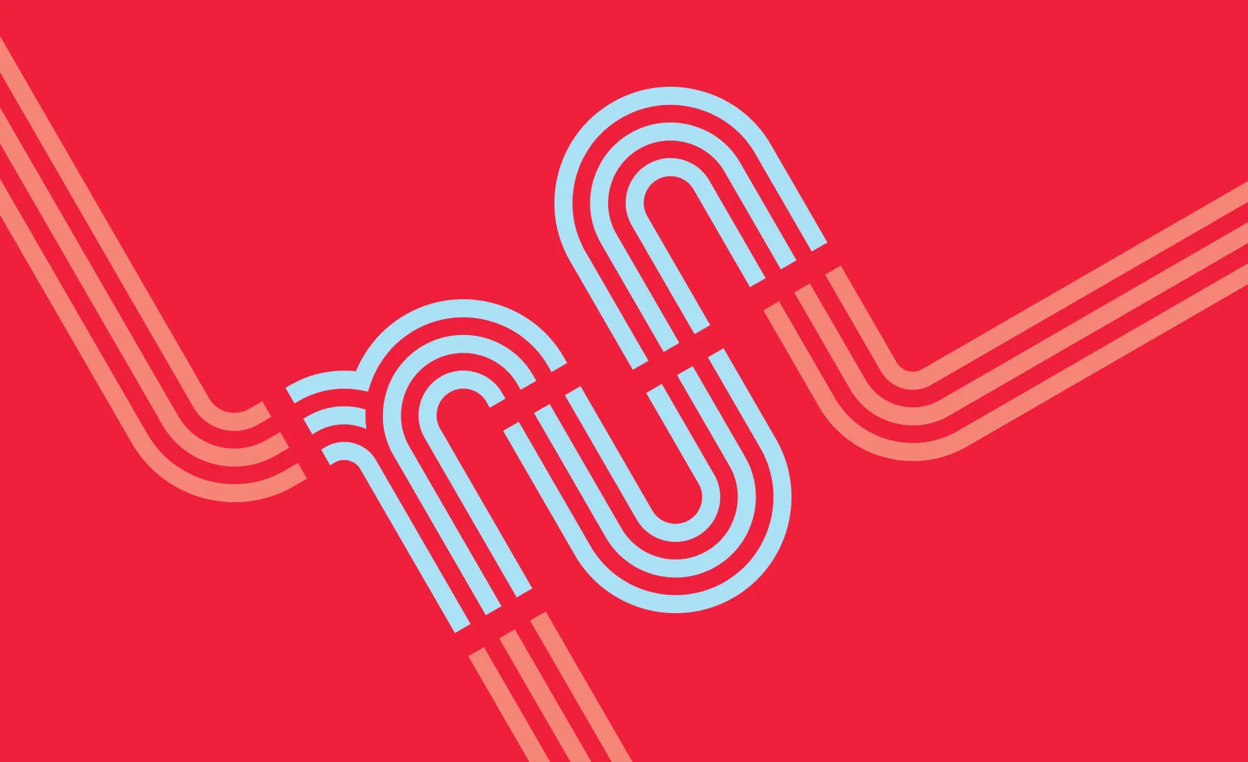 Interlocking continuous-line monogram in pale blue on a red field