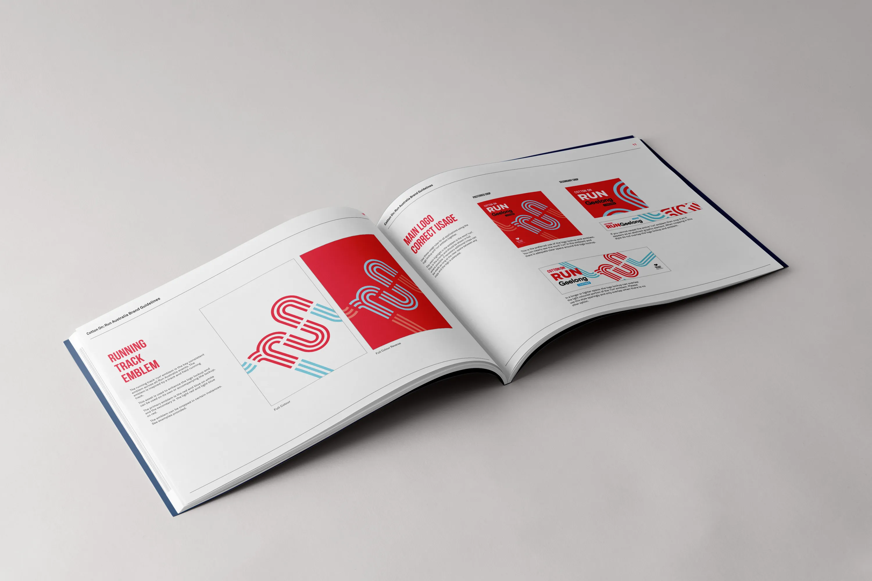 Brand guide open to page with run emlem and correct logo placement