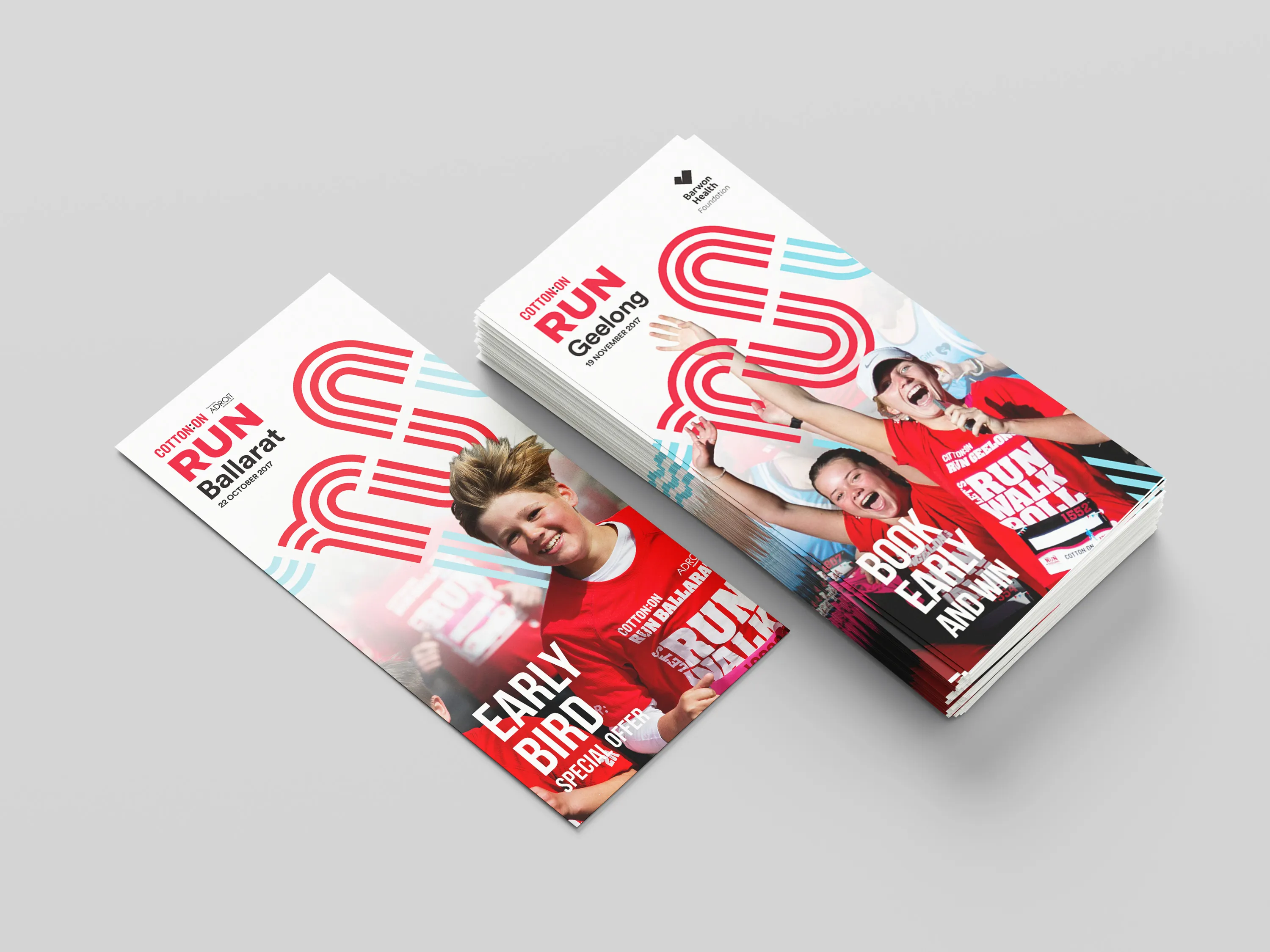 DL flyers with photos of runners from the previous year promoting early brid sign ups