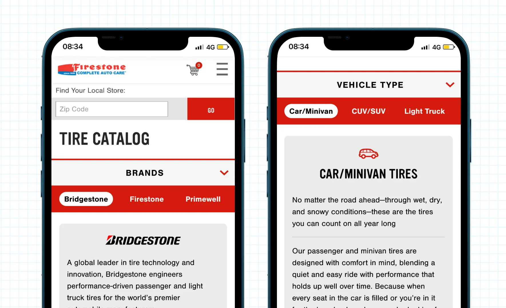 Firestone Auto Care center website prototype on mobile showing the Tire Catalog with dropdown for different ways to browse and information on brands in one screen and car/minivans on another screen.