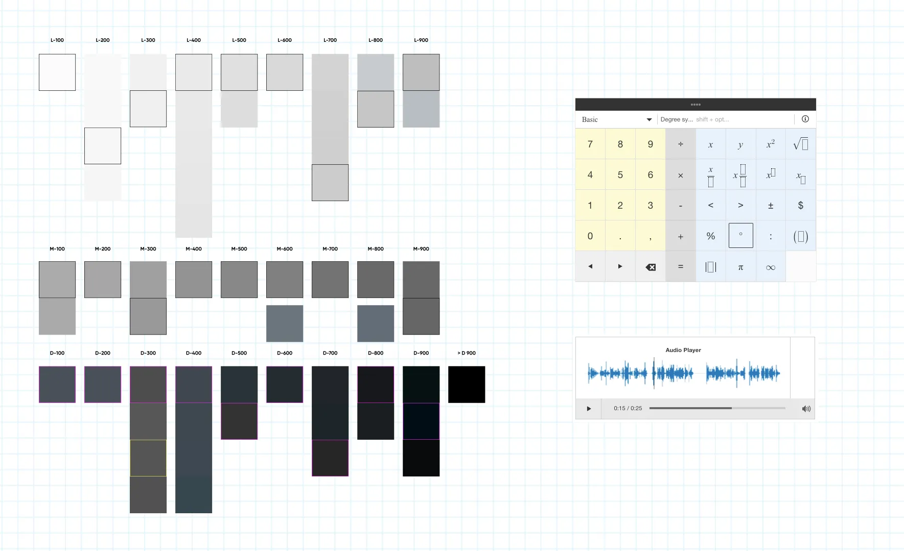 Color audit of the Learnosity products showning the greys audited and a calculator and audio player using those colors