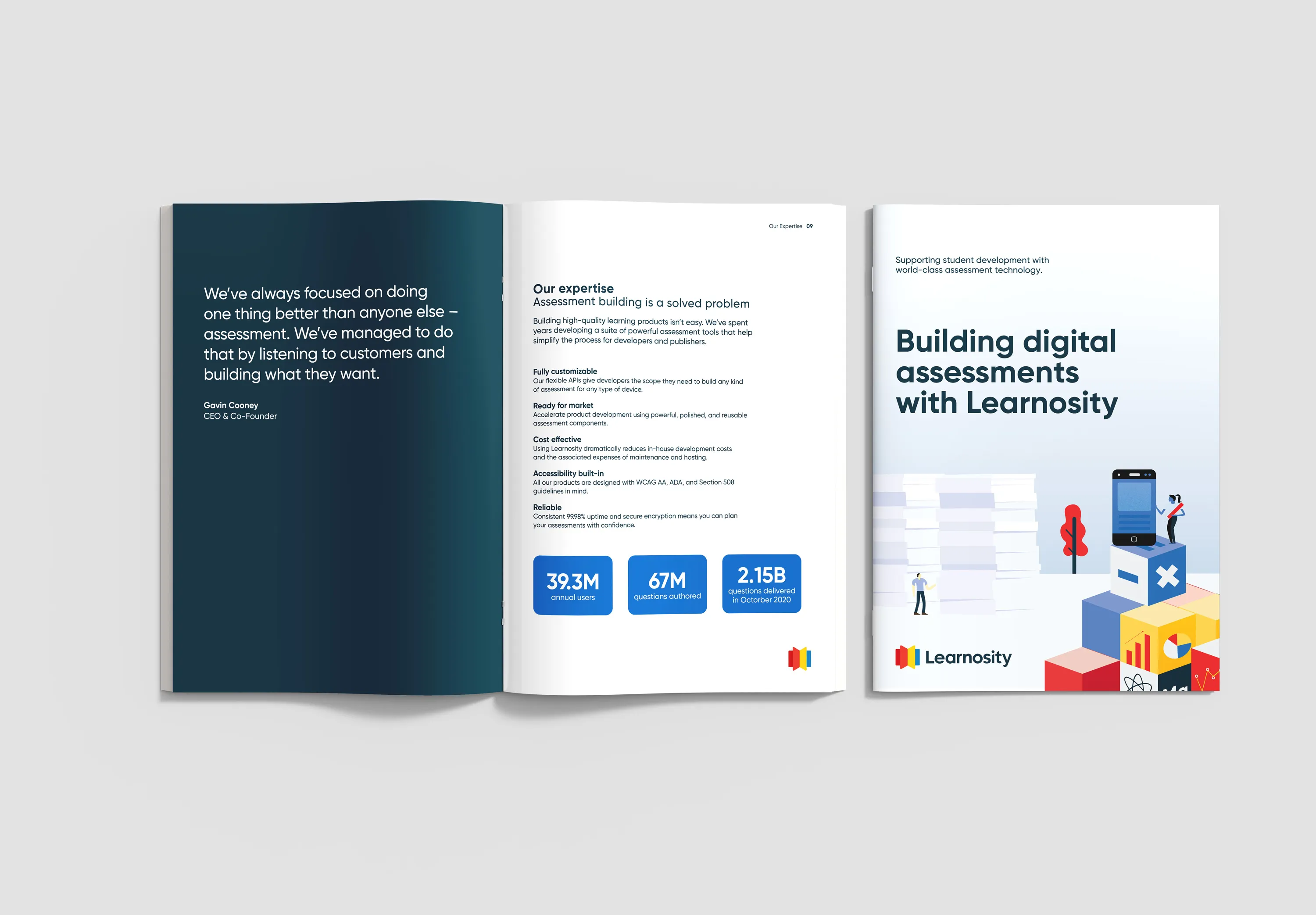 Spread from the brochure with text in Japanese and dark blue pages with brand logos for Learnosity clients