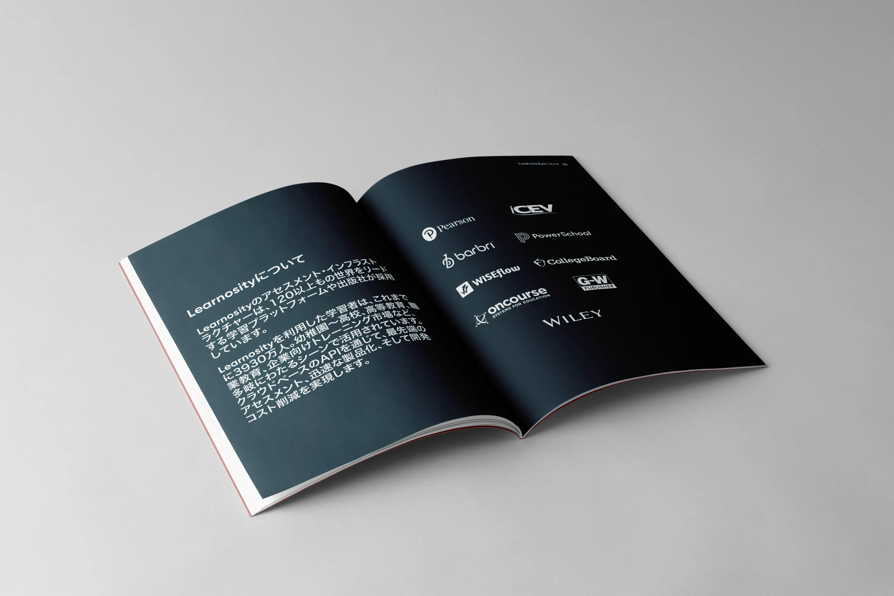 Spread from the brochure with text in Japanese and dark blue pages with brand logos for Learnosity clients