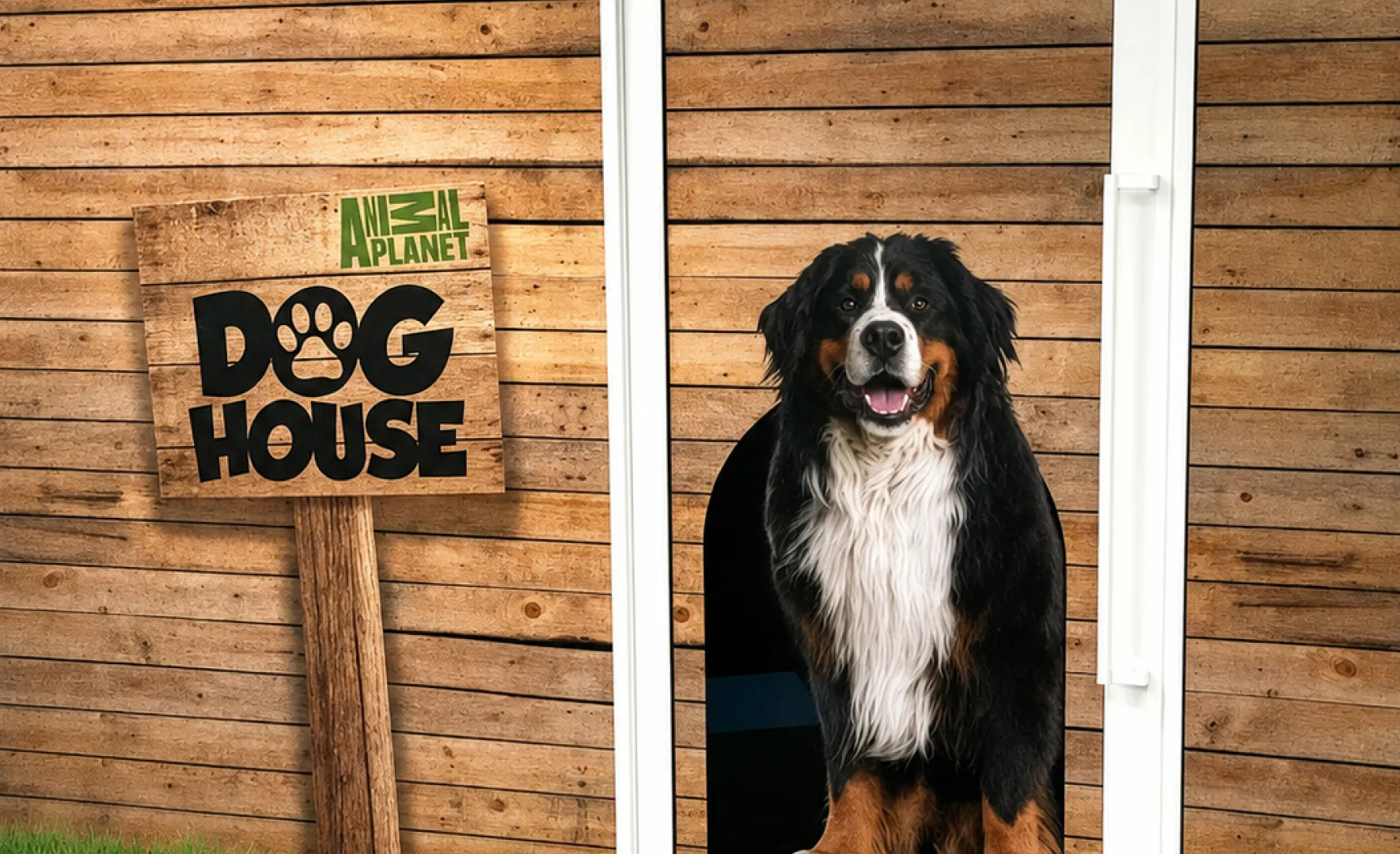 Office meeting room decals with a Saint Bernard in front of a dog house door on the office glass