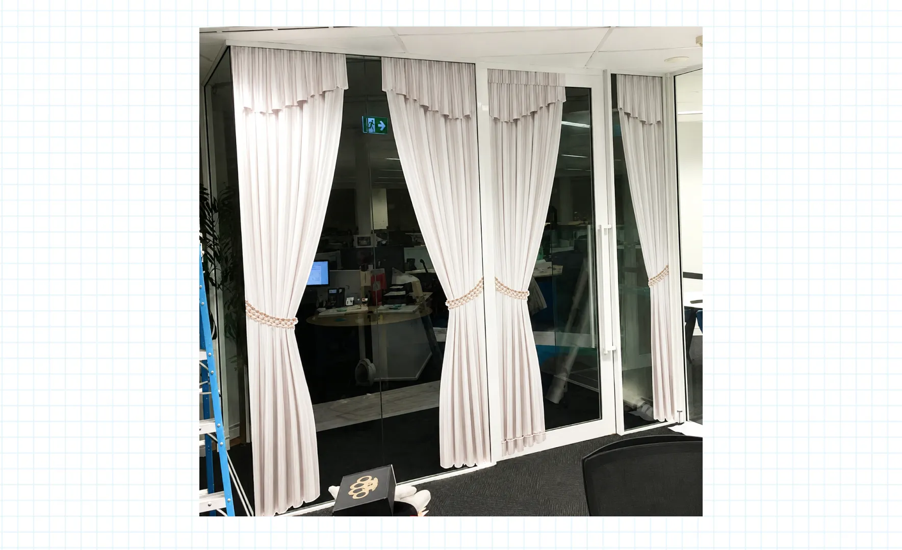 Office meeting room decals with white curtains door on the office glass