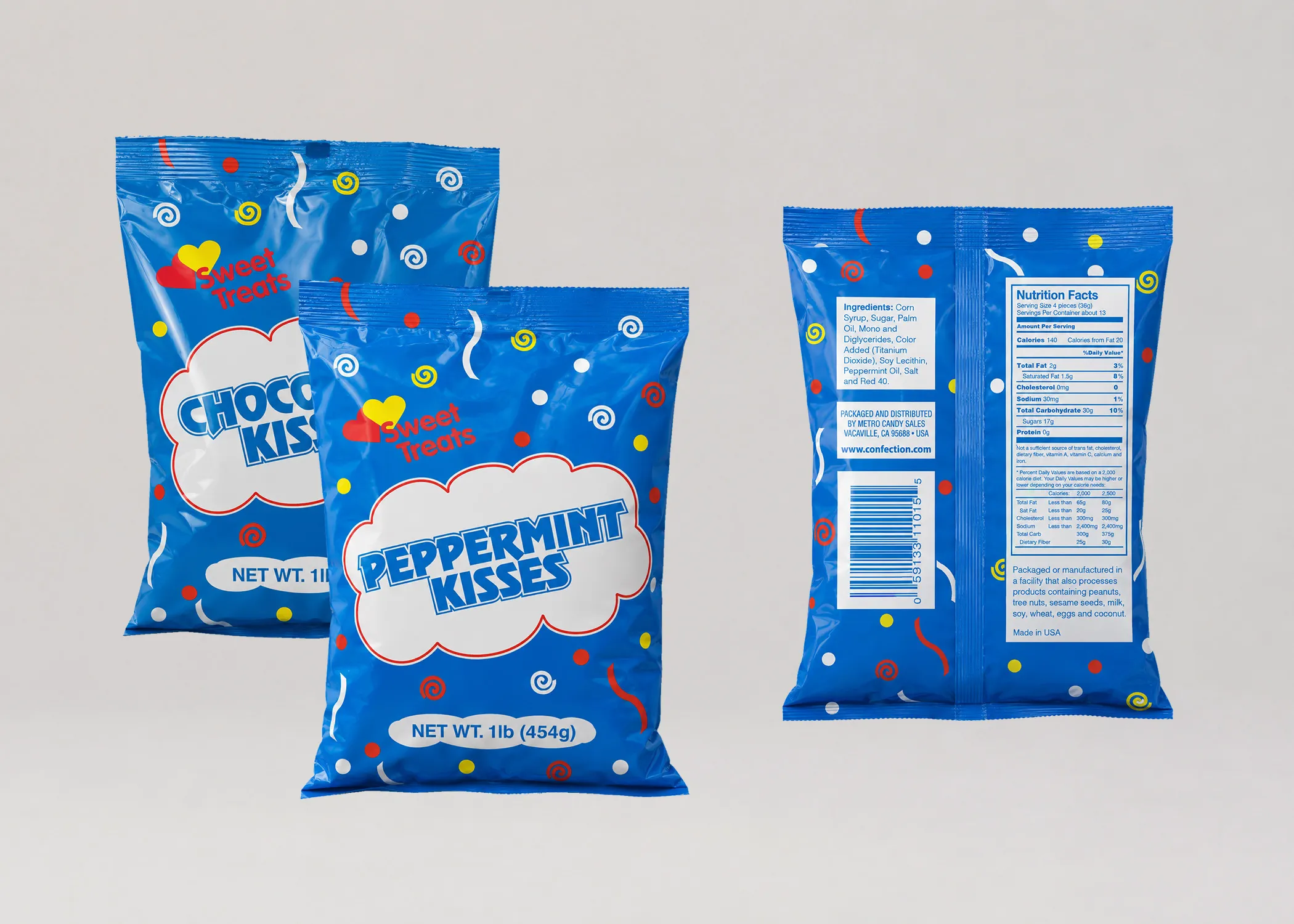 Three candy bags in blue packaging with a confetti pattern: two Sweet Treats bags reading Chocolate Kisses and Peppermint Kisses, and a third showing the back panel with ingredients, nutrition facts, and barcode