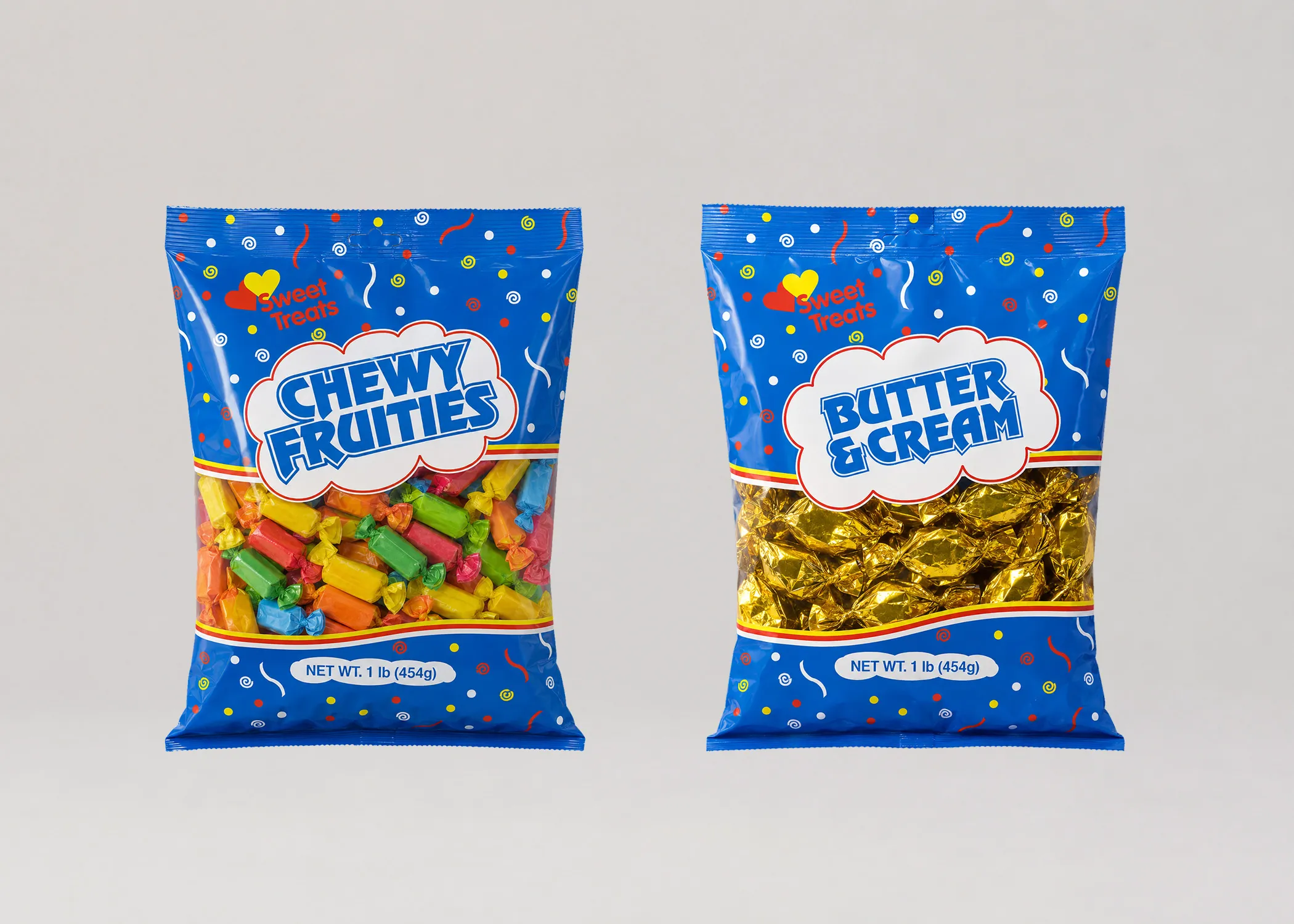 Two Sweet Treats candy bags in blue confetti packaging, one labeled Chewy Fruities showing colorful wrapped candies through a clear window, the other labeled Butter & Cream showing gold-wrapped candies