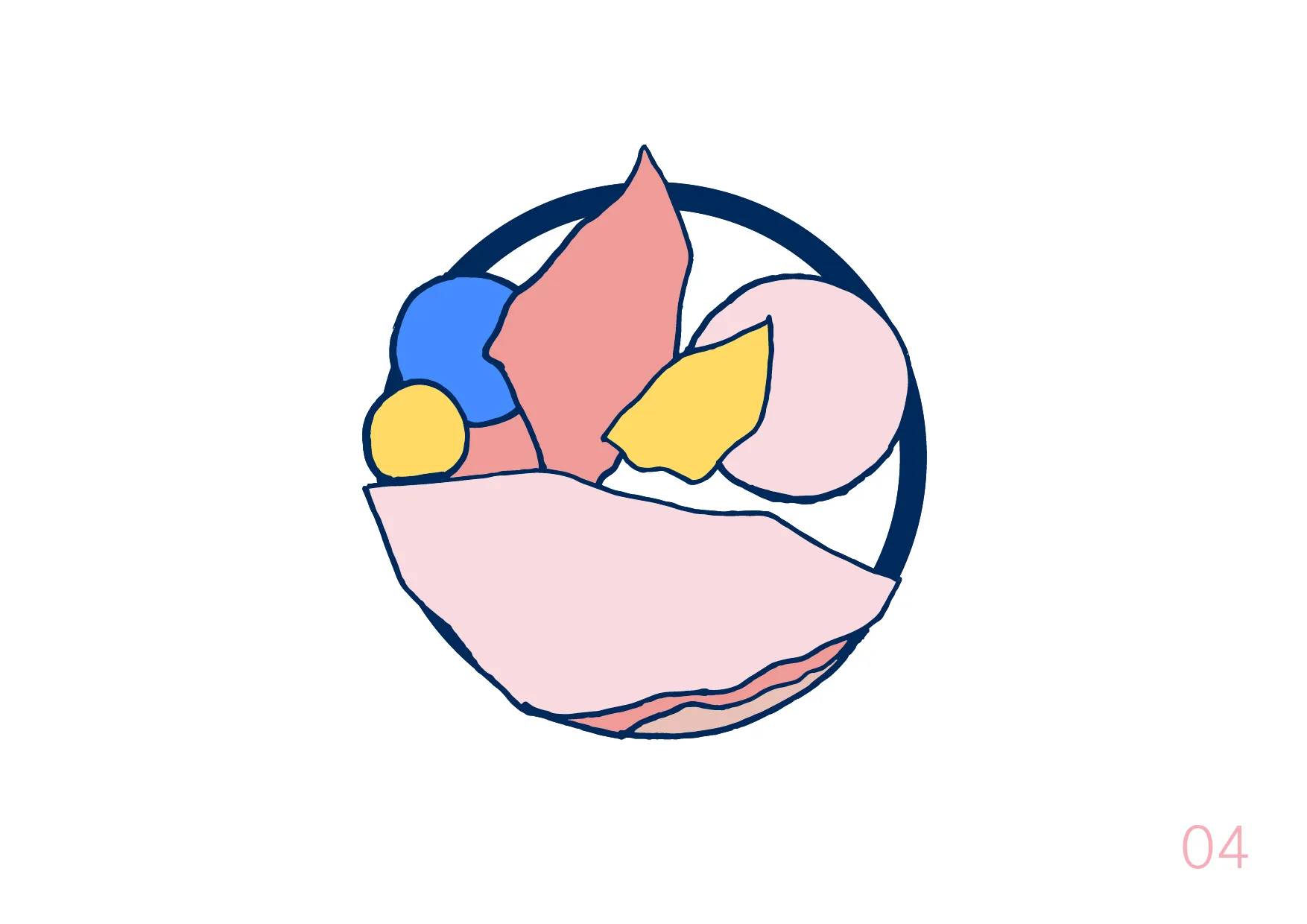 An alternate brand mark concept in a bold, playful style, with a coral leaf shape, blue and yellow circles, and a pink jagged base inside a navy ring.