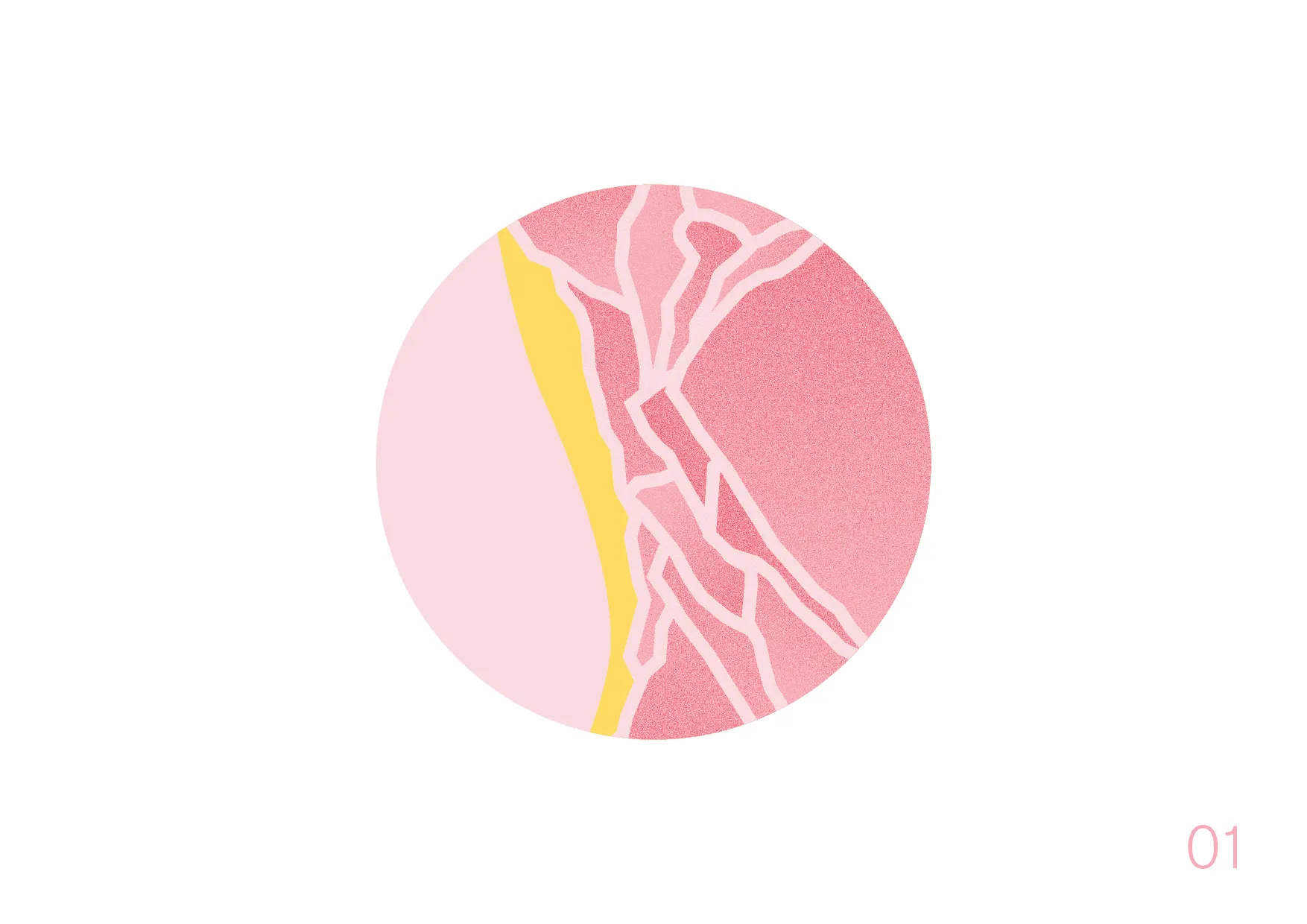 A circular fractured brand mark for Vicki Meintjes Sweet Maker, split between soft pink, a thin yellow line, and a deeper pink section with jagged white crack lines running through it.