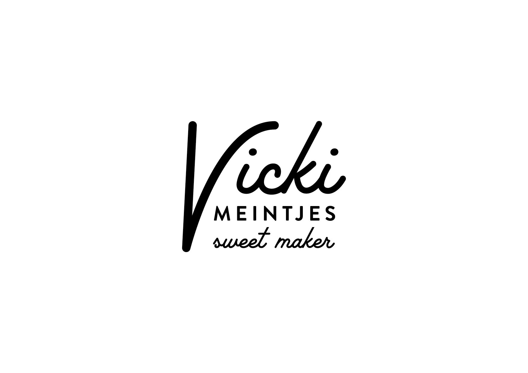 An alternate logomark concept in black, built around an oversized script capital V leading into the Vicki Meintjes wordmark.