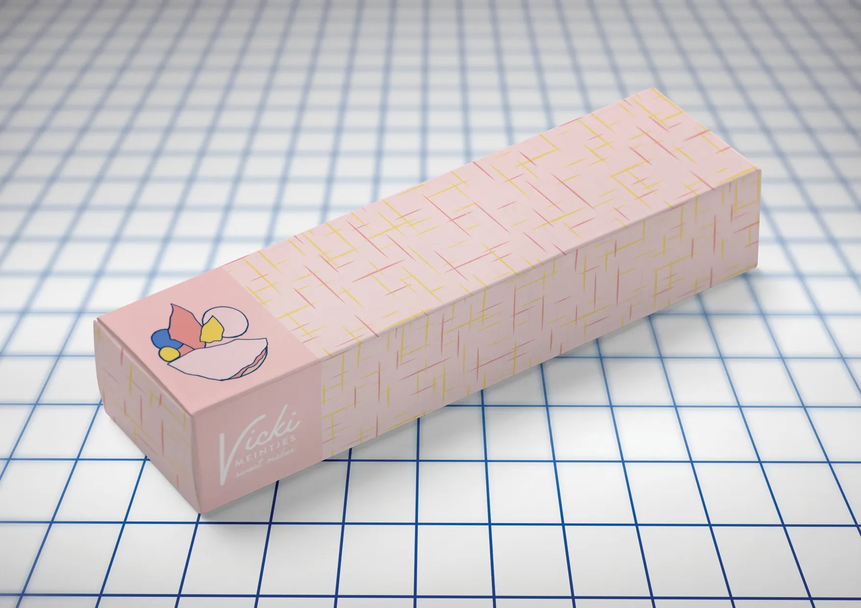 A packaging concept with a vintage-inspired crosshatch pattern and the full-color brand mark illustration.