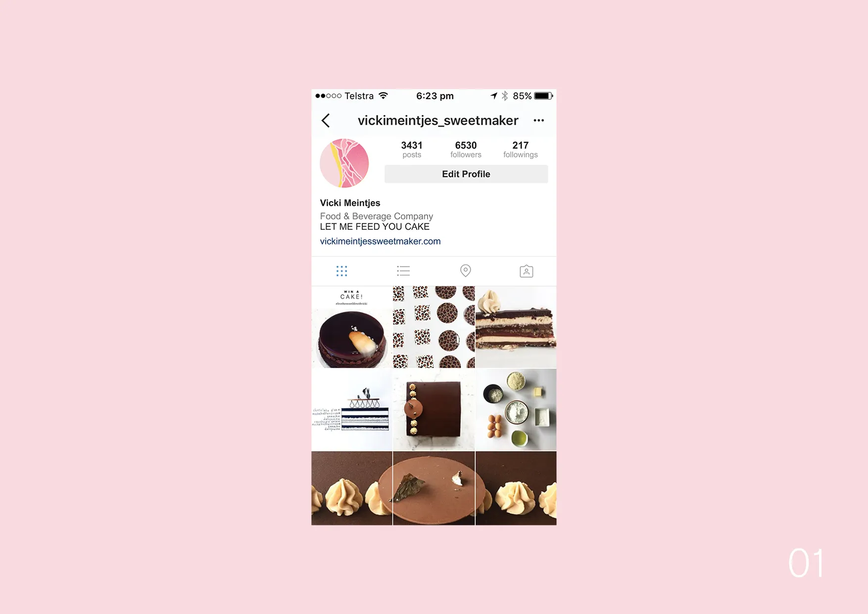 The Vicki Meintjes Sweet Maker Instagram profile, using the brand mark as the profile photo above a grid of cake photography.