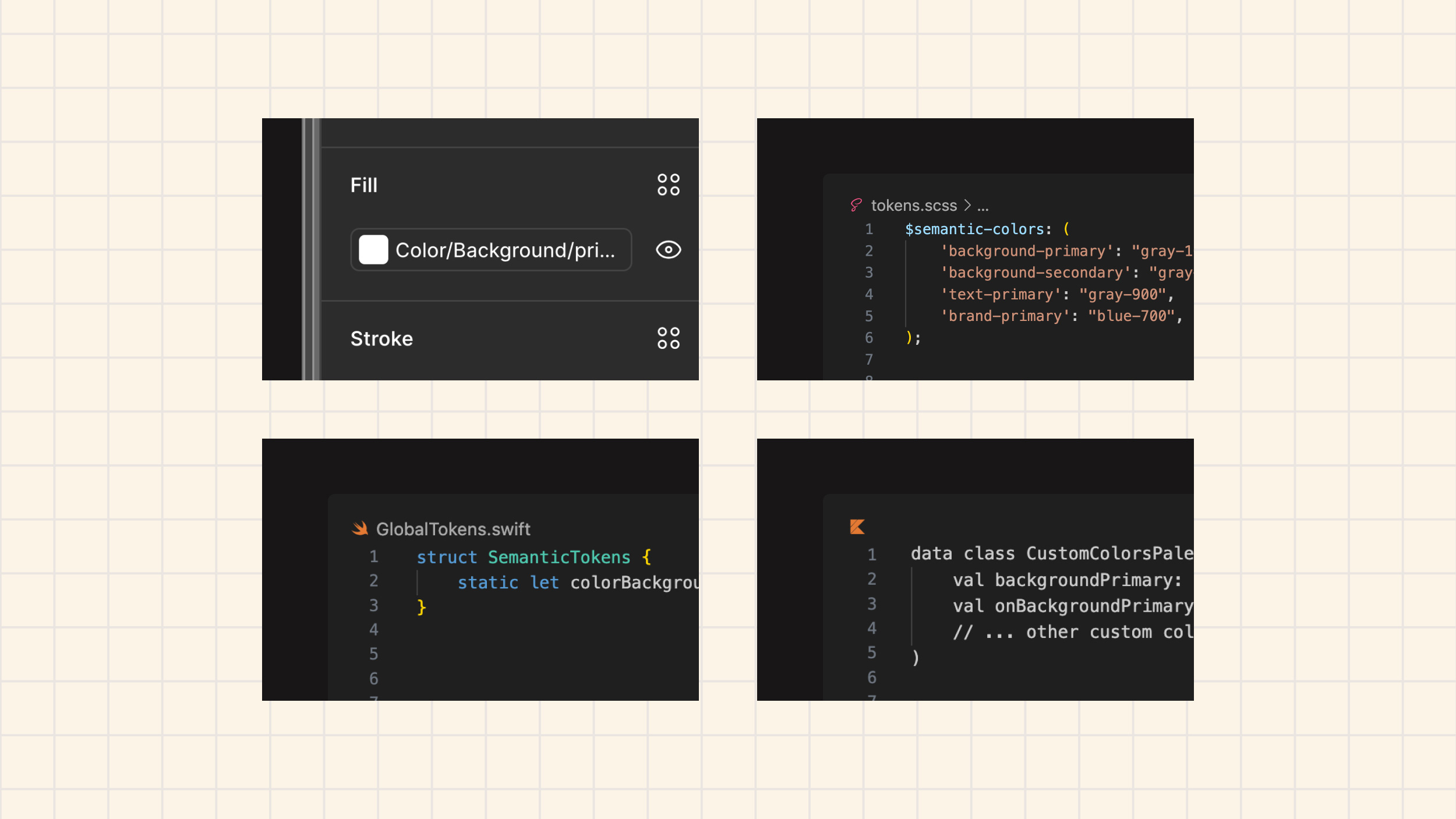 Education materials showing information for multiple platforms for design tokens