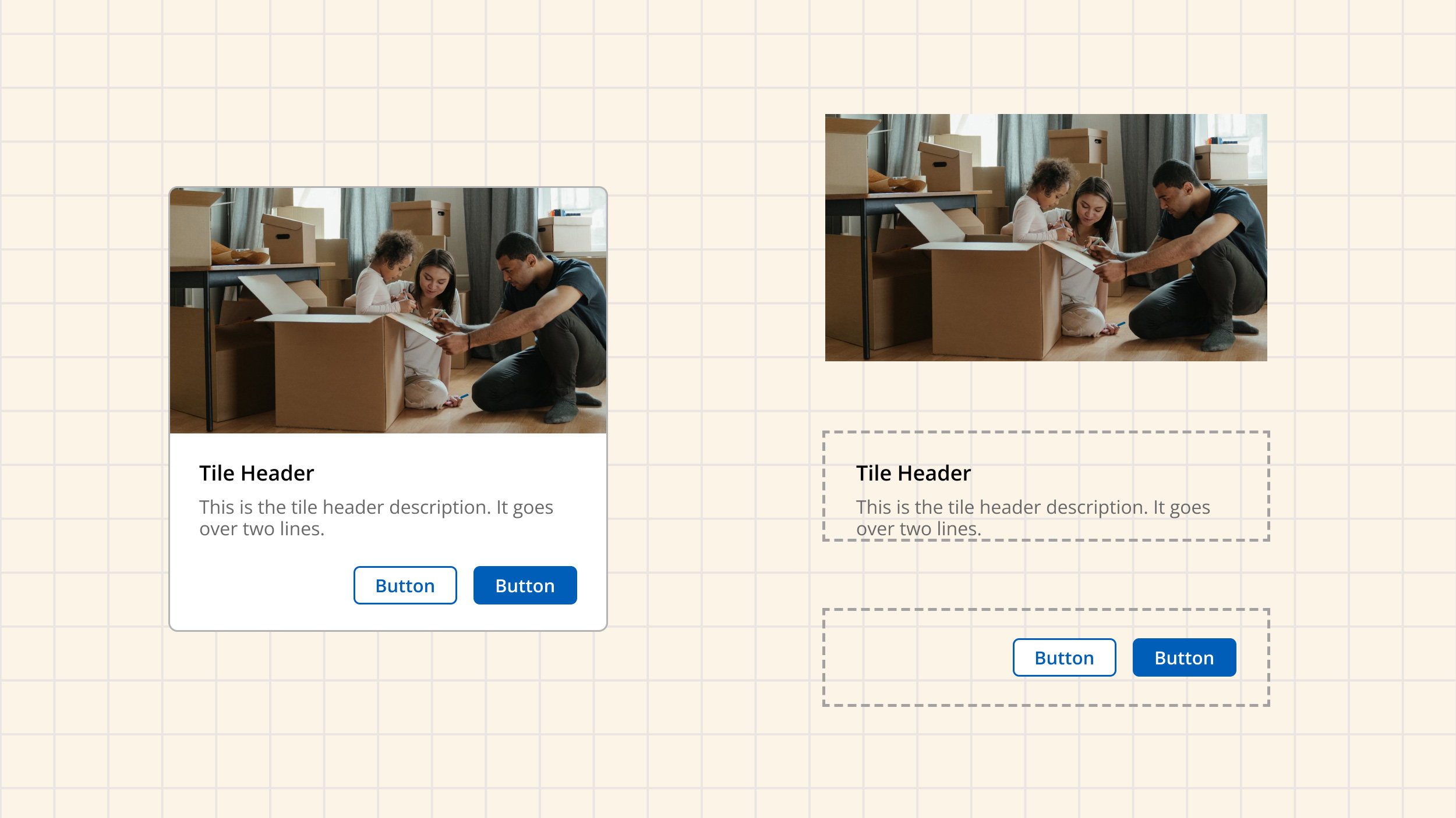 Comparison of old restrictive tile component versus new composable tile with swappable subcomponents