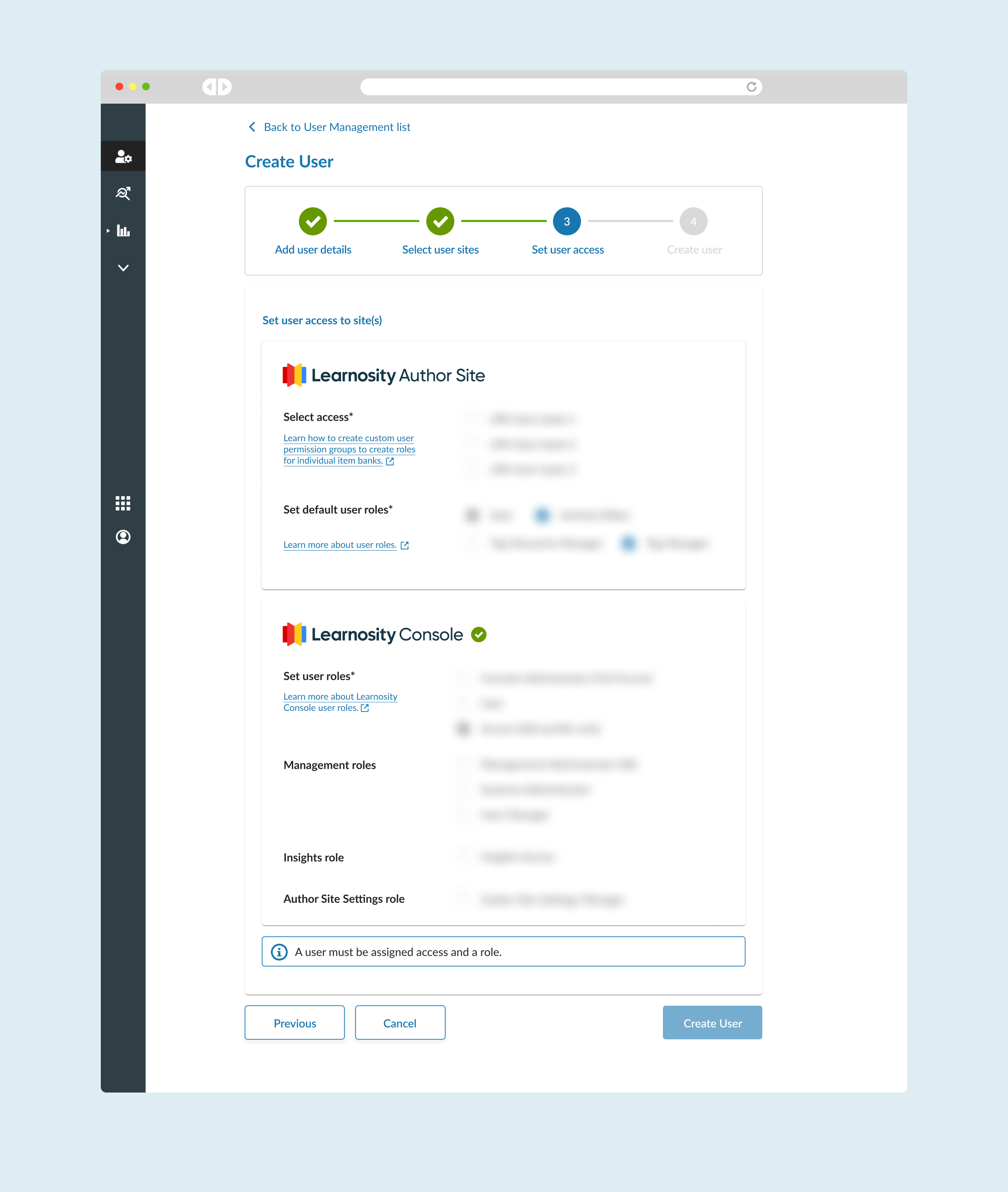 The progress stepper broke down the create new user flow into sensible steps to help the user understand where they were in the task and avoid missing a step.
